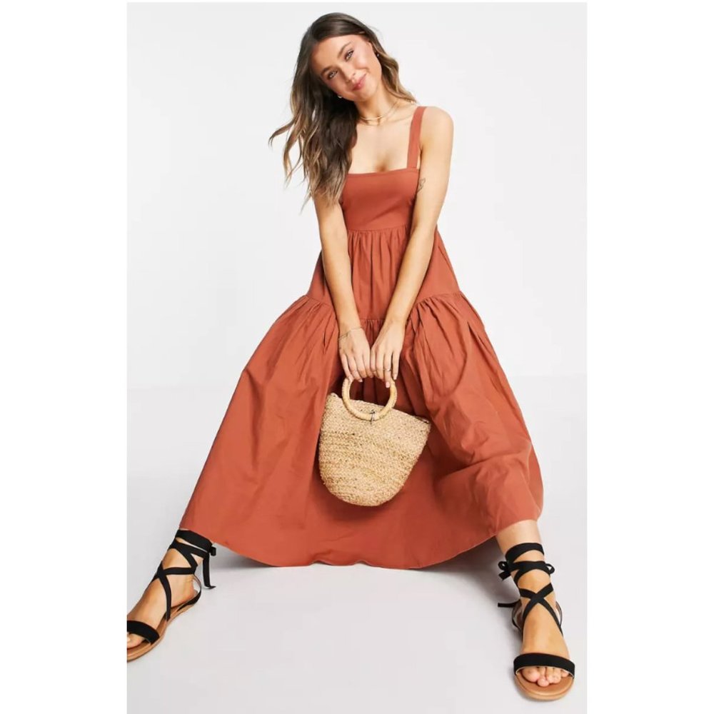 ASOS DESIGN Overalls Midi Sundress with open back in rust
